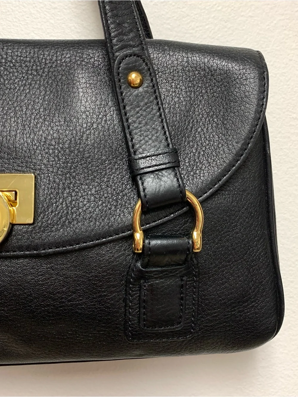 Kate Landry Leather Shoulder Bag Black Gold Hardware Harness Straps Medium